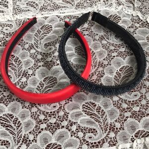 2 Headbands Fabric and Metallic Beaded Red Gray
